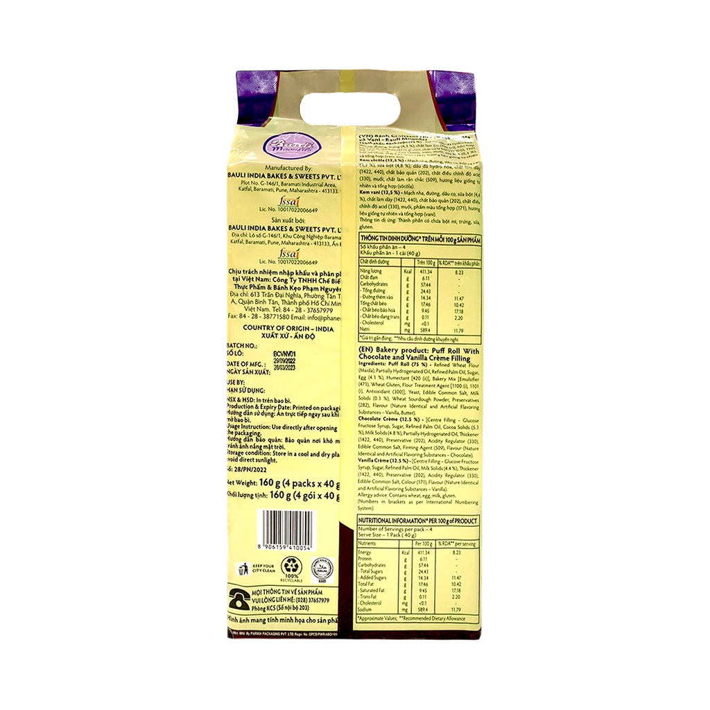 CHÍNH HÃNG Combo 2 Túi Bánh Sừng Bò Bauli Moonfils Nhân Kem Sôcôla và Vani 160g