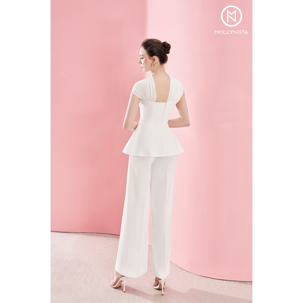 MOLLYNISTA (SALE 35%) Áo thiết kế peplum phối thun chéo cổ thanh lịch nữ tính cao cấp công sở form ôm tôn dáng