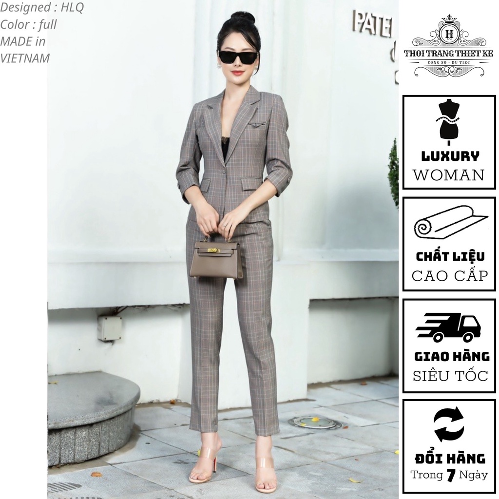 Bộ vest nữ kẻ công sở áo vest tay lỡ quần tây ống côn thời trang thiết kế cao cấp Q012