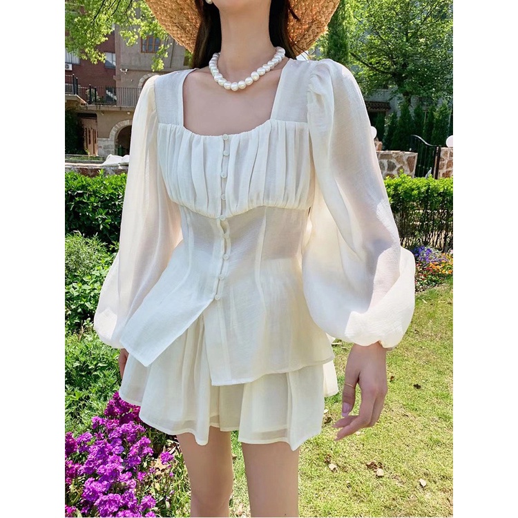 SET ÁO VOAN PEPLUM CỔ VUÔNG XẾP LY NGỰC TAY PHỒNG + CHÂN VÁY KEM TẦNG