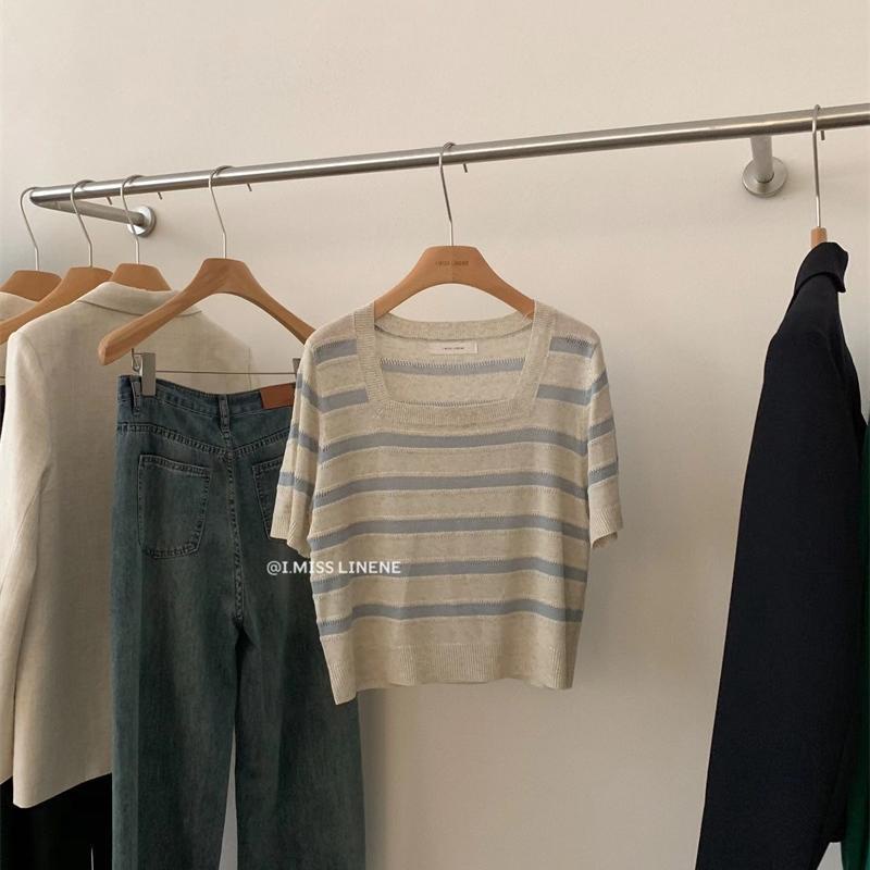 Áo Thun Tay Ngắn Cổ Vuông Họa Tiết Kẻ Sọc Thời Trang Mùa Hè 2022 Phong Cách Hong Kong Hàng Mới Dành Cho Bạn Nữ