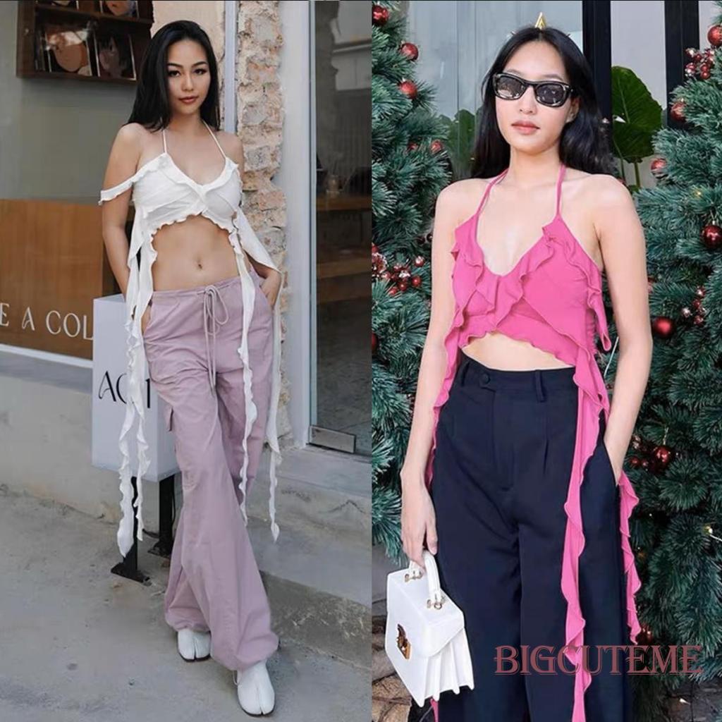 Áo Hai Dây Cổ Chữ V Viền Tua Rua Màu Sắc Thời Trang Cho Nữ