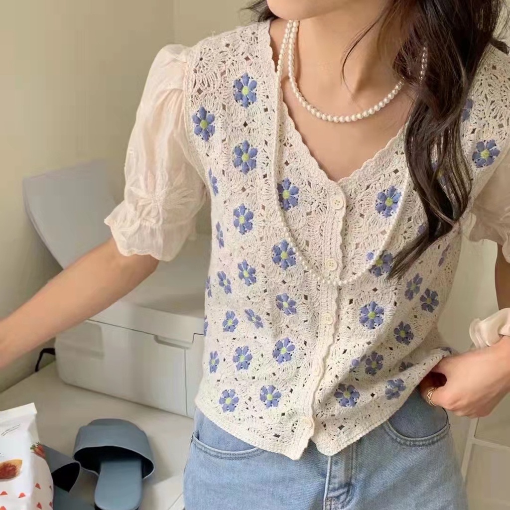 Áo kiểu SUXI cổ chữ V thêu họa tiết ngọt ngào thời trang cho nữ