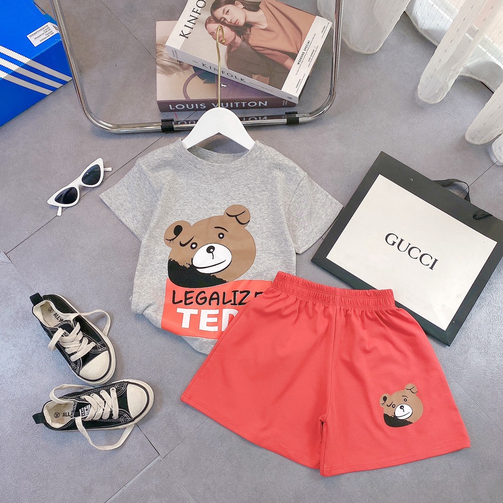 Bộ Ngắn Tay, Bộ Cộc Tay Cho Bé Trai, Bé Gái Cotton Hình Gấu Dễ Thương Mùa Hè Chất Liệu Xuất Dư Thấm