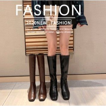 - phong cách Hàn Quốc BOOTS DA XỊN GÓT VUÔNG 4 PHÂN CAO DƯỚI GỐI ôm chân Nâu/Đen