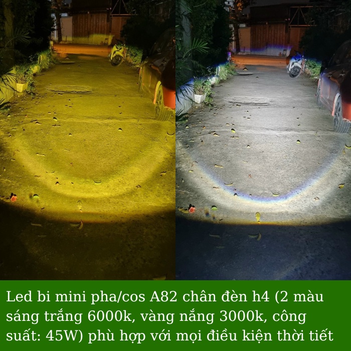 Đèn led bi cầu mini mắt ếch A82 Pro 12V-24V 2 màu Trắng (6000k)+vàng(3000K) phù hợp đi mọi thời tiết sương mù phá sương