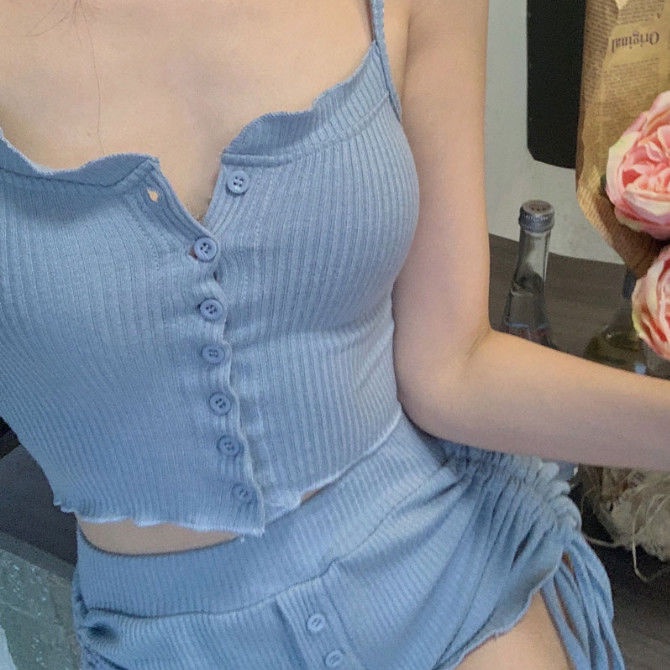 Set Áo Hai Dây Phối Quần Short Rút Dây Thời Trang Hồng Kông Cá Tính Cho Nữ