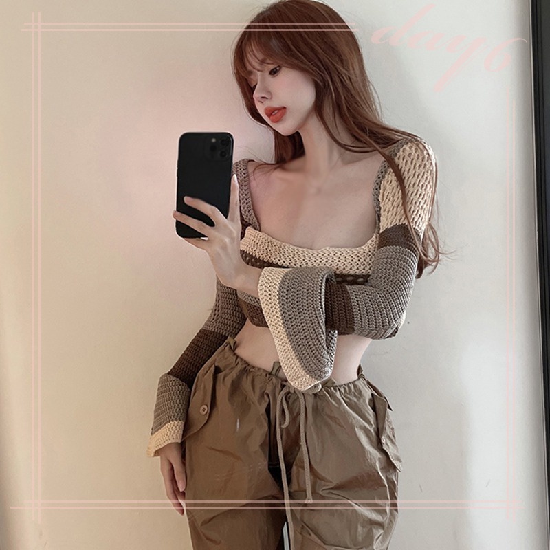 Áo Dệt Kim Tay Loe Ngắn Cổ Vuông Gợi Cảm Chống Nắng Phong Cách Hàn Quốc Cho Nữ