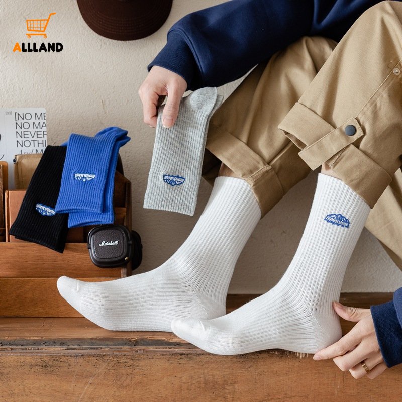 Vớ Cotton Ống Trung Bình Thêu Họa Tiết Đơn Giản Thấm Hút Mồ Hôi Thoáng Khí Dành Cho Nam