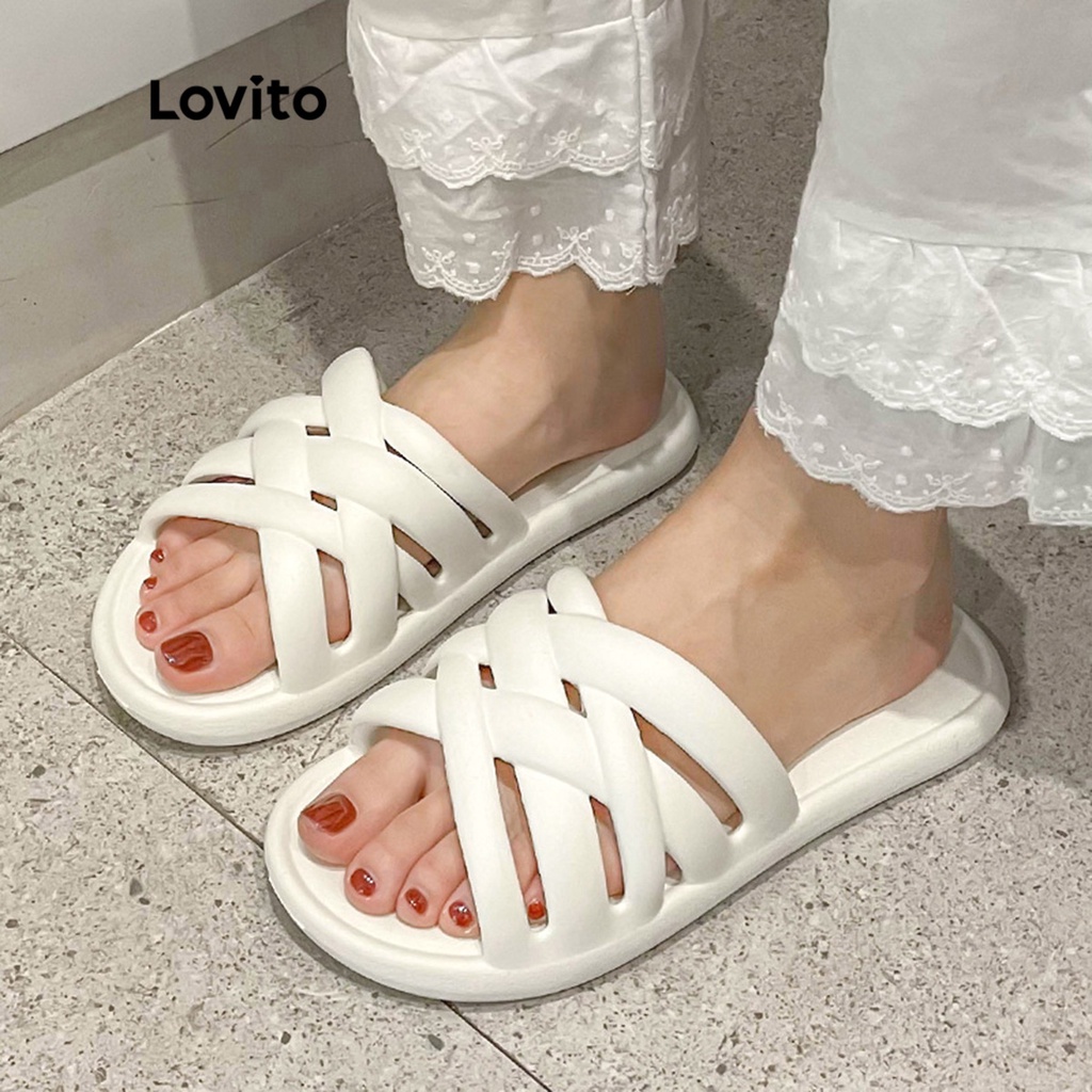 Lovito Casual Trơn Thời trang Hàn Quốc Cầu trượt mềm mại mùa hè Cầu trượt trong nhà và ngoài trời Phòng tắm Vòi hoa sen Dép hở ngón bện cho nữ LIS02008 (Kaki/Trắng/Xanh lá cây/Đen)