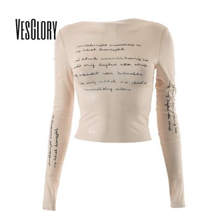 VesGlory Áo Thun Nữ Cổ Tròn Gợi Cảm Màu Trơn In Slim Đan Dài Tay