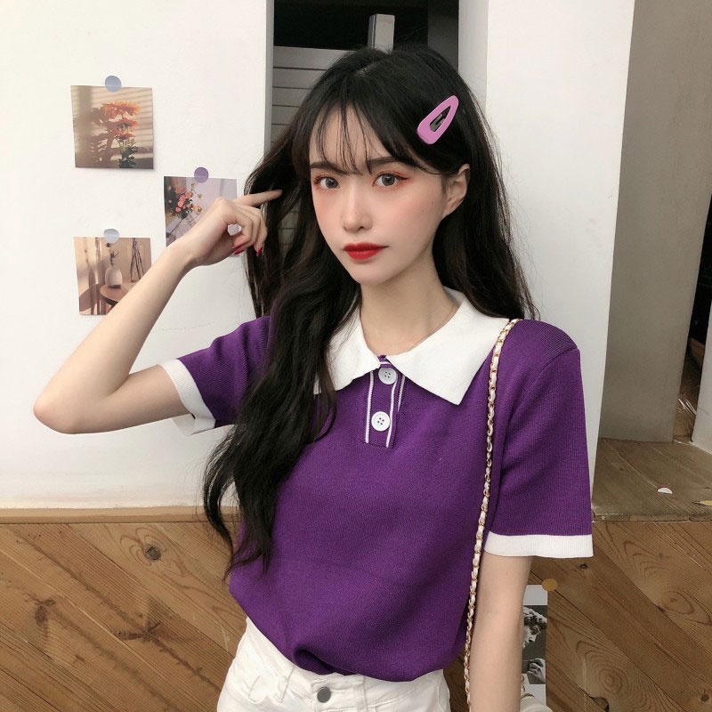 Áo Thun POLO Tay Ngắn Dáng Rộng Màu Sắc Đơn Giản Phong Cách Hàn Quốc