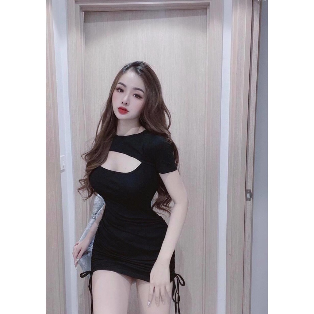 Váy body V046 thiết kể cắt xẻ ngực rút dây 2 bên hông màu đen sexy, cá tính cho các nàng
