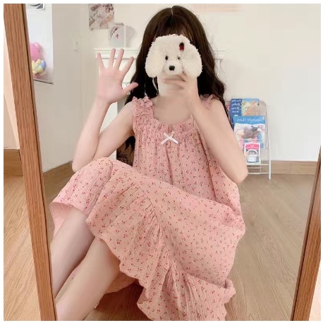 Đầm ngủ 2 dây,váy ngủ hai dây phối bèo chất đũi xốp hoạ tiết dễ thương.