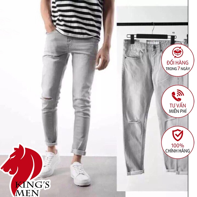(Mua 1 Tặng 1) Quần jean nam đen xám rách gối cao cấp chất bò co giãn ống đứng dáng ôm skinny đẹp KMD211