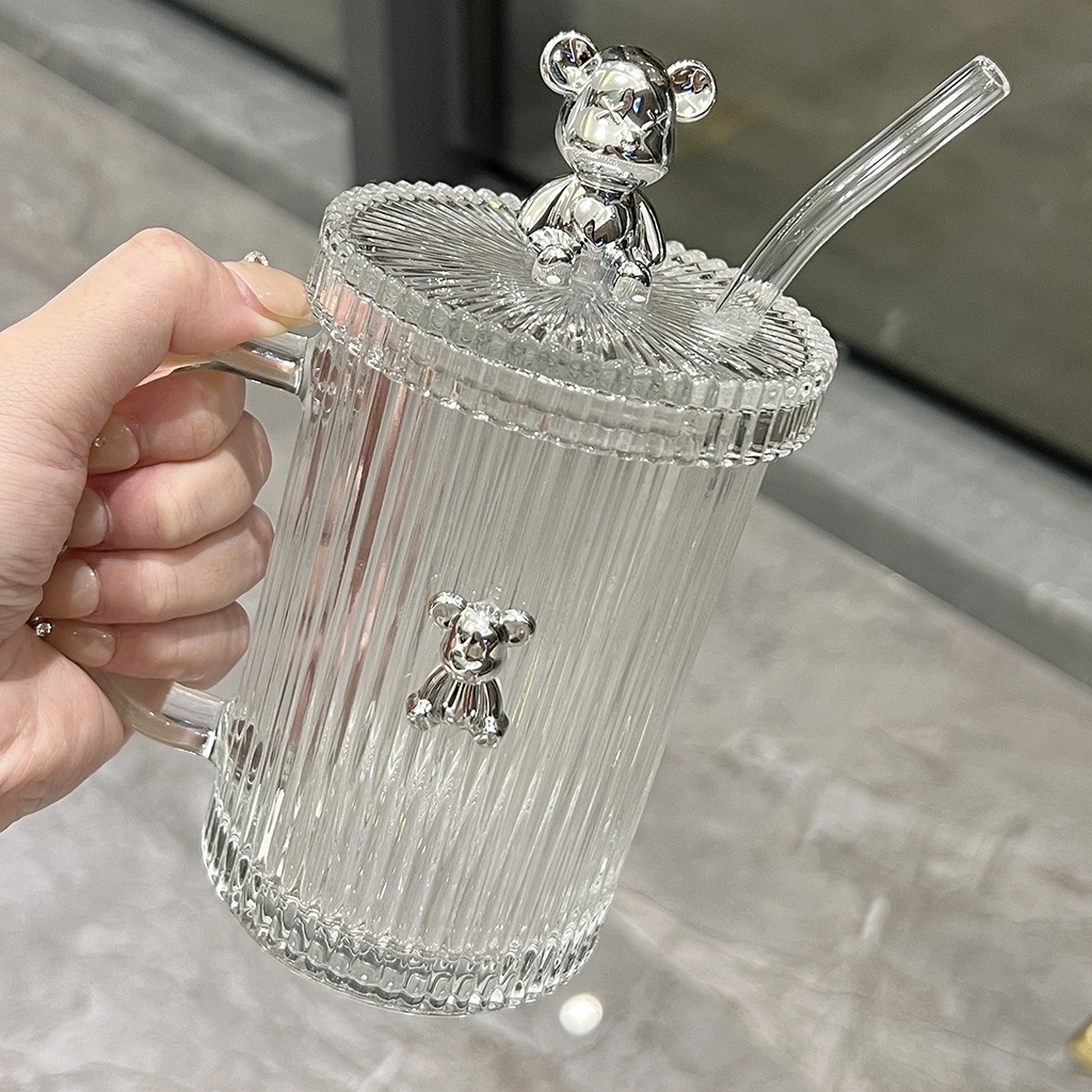 CỐC THỦY TINH GIỮ NHIỆT HÌNH GẤU , CỐC UỐNG TRÀ CÀ PHÊ CÓ NẮP ĐẬY TẶNG KÈM ỐNG HÚT SANG TRỌNG đẹp