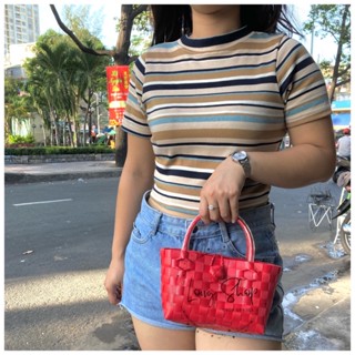 Giỏ nhựa đan tay màu trơn -  Size 5 em bé- Túi xách đan thủ công - Làn nhựa