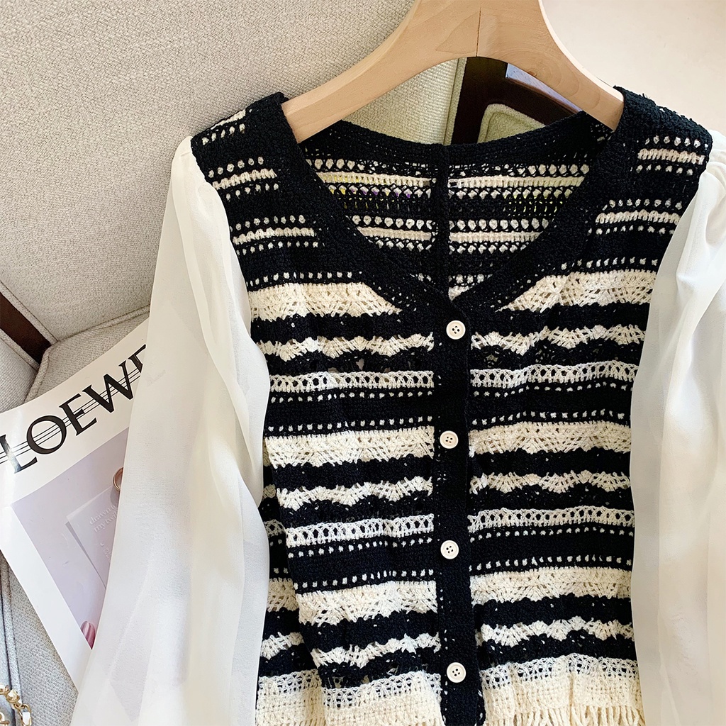 Mới Áo Khoác cardigan Cổ V Tay Dài Họa Tiết Hoa Phối Tua Rua Phong Cách vintage Dành Cho Nữ
