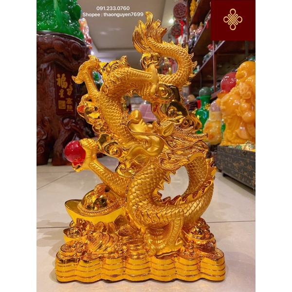 Tượng rồng phong thuỷ nhả hồng ngọc màu vàng bóng (cao 41, dài 25, rộng 13)