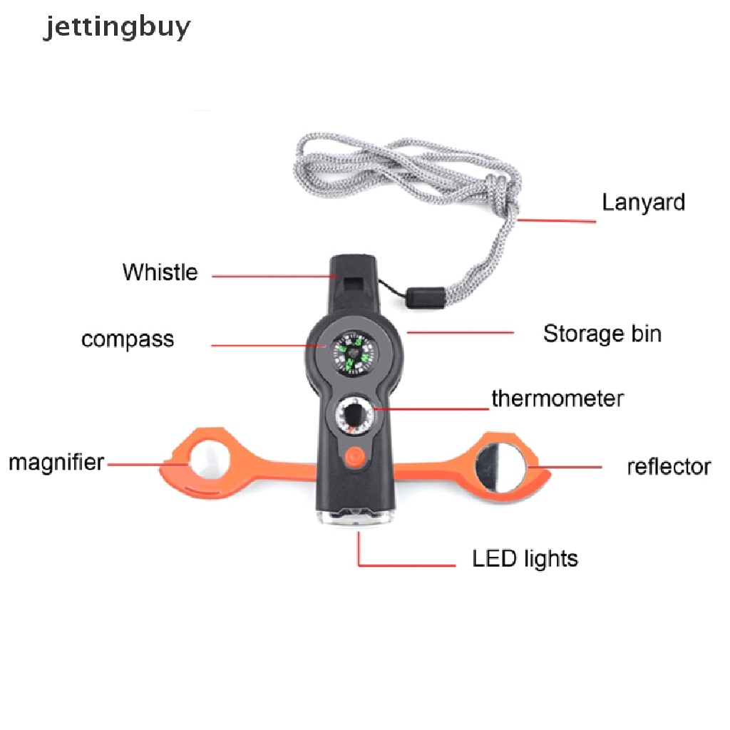 Còi sinh tồn JETTING 7 trong 1 tích hợp la bàn đèn LED và nhiệt kế gắn móc khóa tiện lợi