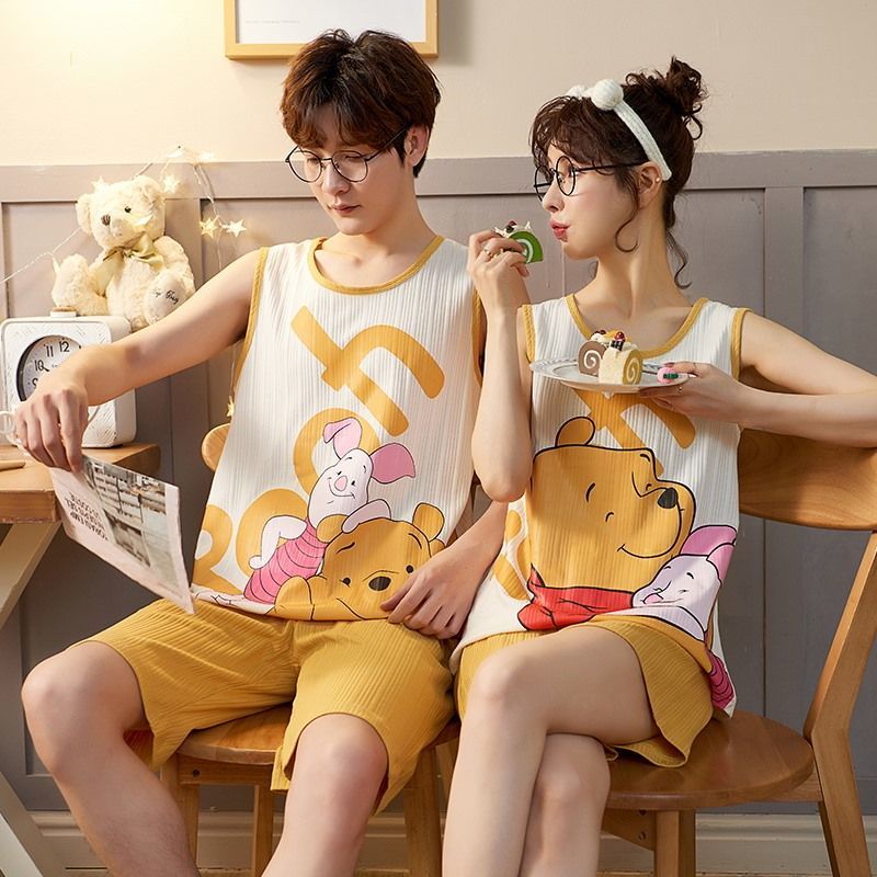 Bộ Đồ Ngủ Áo Sát Nách Phối Quần Short Vải Cotton Kiểu Hàn Quốc Thời Trang Mùa Hè Cho Các Cặp Đôi
