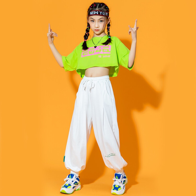 Bộ Đồ Nhảy Hip-Hop Đường Phố Mùa Hè 2023 Màu Xanh Lá Dạ Quang Phong Cách Mới Cho Bé Trai Bé Gái