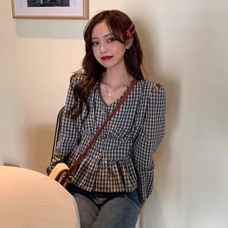 [ORDER ] Áo kiểu PEPLUM tay dài caro đen ulzzang / áo sơ mi kiểu tay phồng QC _ có ảnh thật