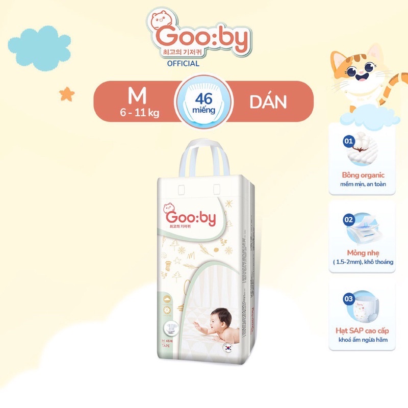Tã/bỉm dán Gooby mềm mại, an toàn, siêu thấm hút Size NB/S/M cho bé từ 4kg - 14Kg