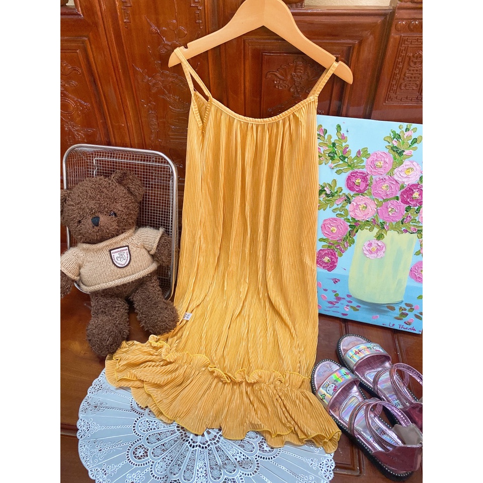 Váy 2 dây dập ly đi biển đi chơi cho bé gái size đại 20-38kg, đầm maxi xuông xếp ly, váy maxi đi biển cho bé gái