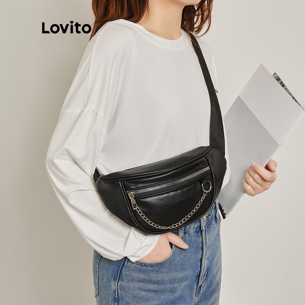 Túi đeo ngang eo LOVITO dây canvas chuỗi xích kim loại màu trơn thường ngày cho nữ L46BA006 (màu trắng/ màu đen)