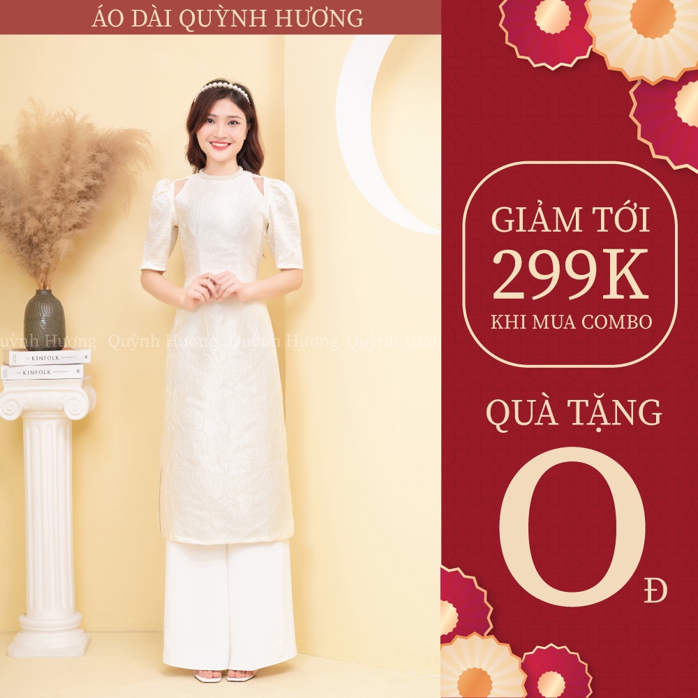 Áo dài Gấm hoa nổi màu kem siêu xinh by Quỳnh Hương