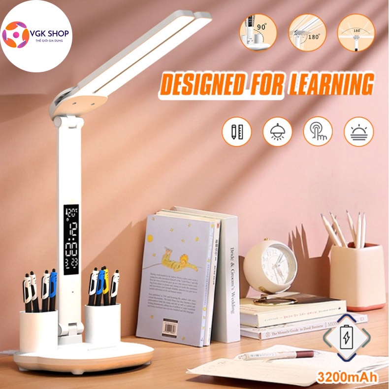 Đèn Để Bàn Học LED 3 Chế Độ Bảo Vệ Mắt Chống Ánh Sáng Xanh, Màn Hình LCD Hiển Thị Nhiệt Độ Ngày Giờ, Tích Hợp Pin Sạc