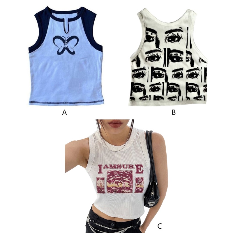 Xiangbao Áo Tank Top Không Tay Cổ Tròn In Hình Bướm Thời Trang Mùa Hè Gợi Cảm Cho Nữ