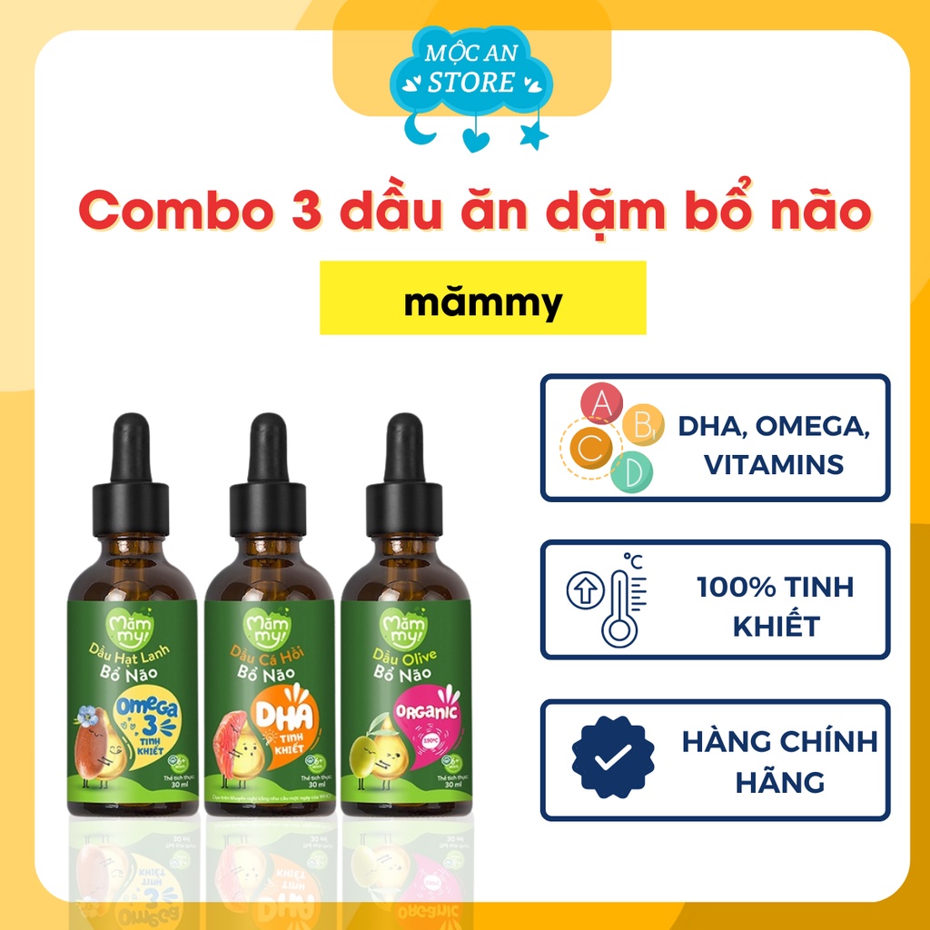 Combo 3 Dầu ăn Dặm Bổ Não Mămmy, Dầu Olive Bổ Não, Dầu Cá Hồi Bổ Não, Dầu Hạt Lanh Bổ Não, Mỗi Loại 30ml