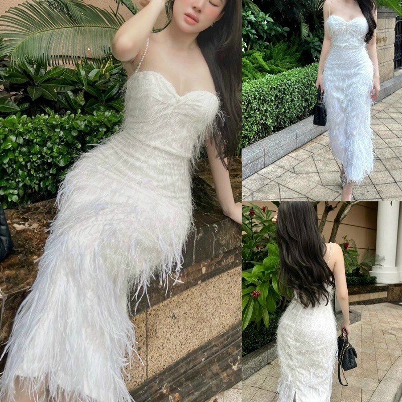 Đầm 2 dây lông vũ,Maxi đi biển dự tiệc thiết kế Dáng Dài trễ Vai Khoe eo Tôn dáng body Sang Chảnh Thời trang MJP
