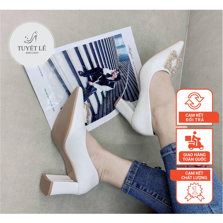 Giày cao gót nữ mũi đá vuông M88 [ Freeship] Giày bít da lì đế vuông 7p