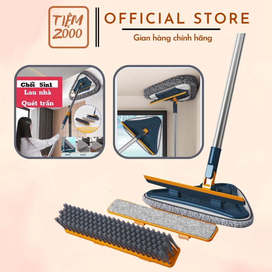 Chổi lau nhà thông minh gấp gọn 5in1, cây lau nhà tam giác đa năng xoay 180 độ lau sàn, lau kính chất liệu cao cấp