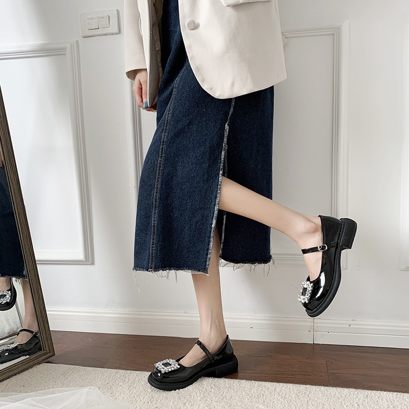 Giày Da Mũi Tròn Đế Dày Mềm Mại Đính Đá Kiểu Lolita Dễ Thương Cho Nữ