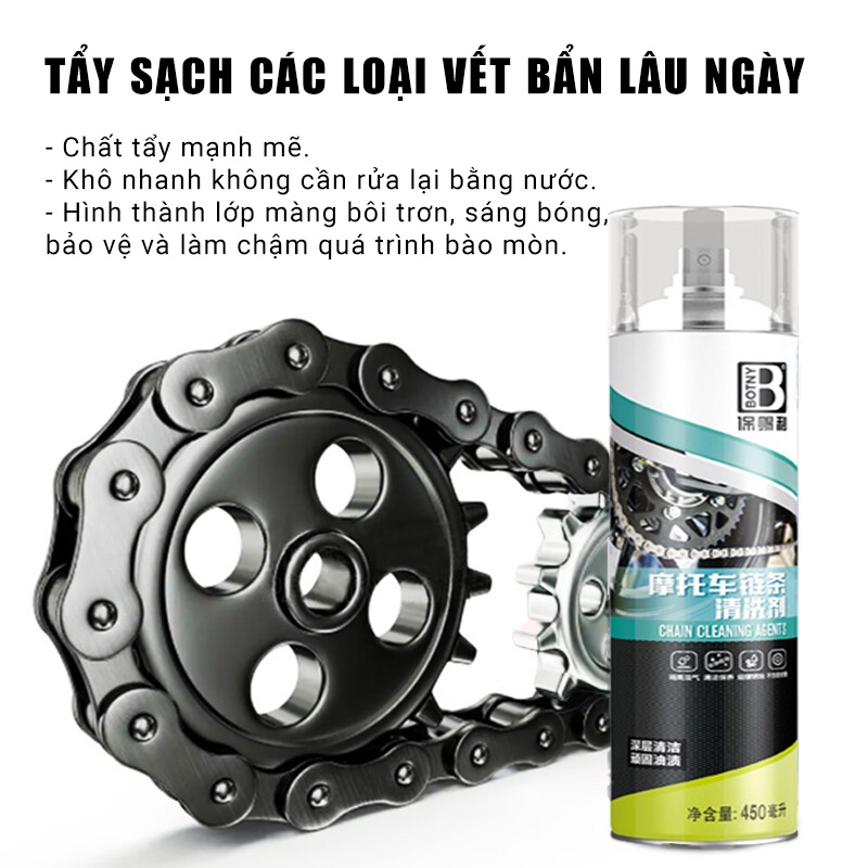 Dung dịch xịt tẩy dầu, bụi, nhựa đường 450ml BOTNY B-2351, bình xịt vệ sinh xích, đĩa xích sên xe máy, xe đạp, mô tô