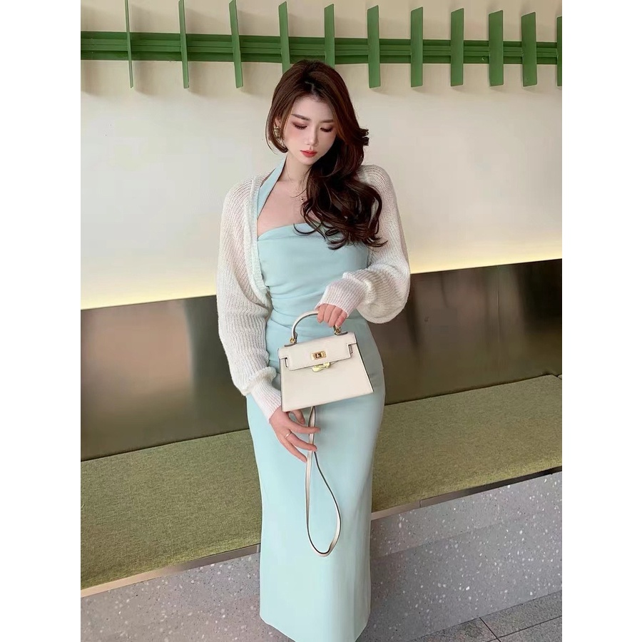 HUANG YOYO Đầm Hai Dây Ôm Hông Màu Trơn Thời Trang Hàn Quốc Cho Nữ