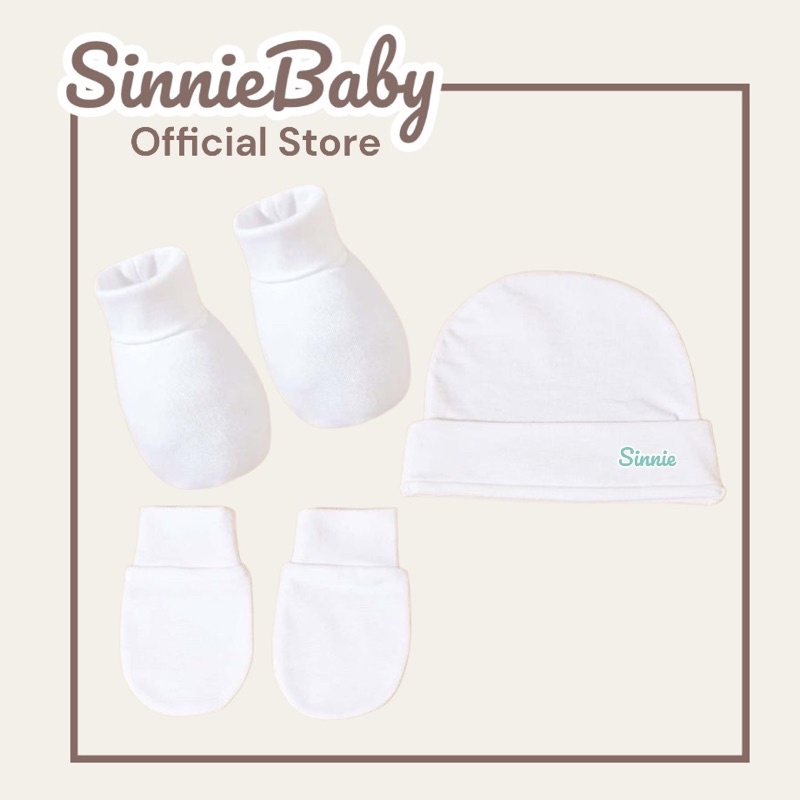 Set nón kèm bao tay bao chân cho bé sơ sinh Sinnie, mũ che thóp, bao tay bao chân vải cotton lụa mềm mát.