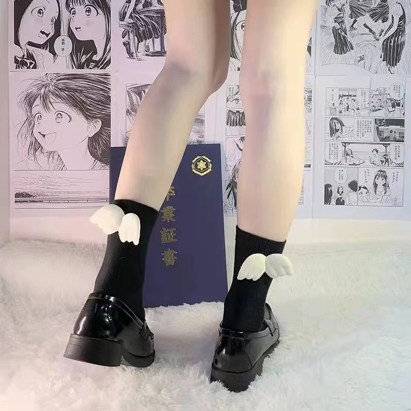 Vớ Cổ Trung Màu Trơn Đính Cánh Thiên Thần Ngọt Ngào Dễ Thương Phong Cách Lolita Nhật Bản Cho Nữ