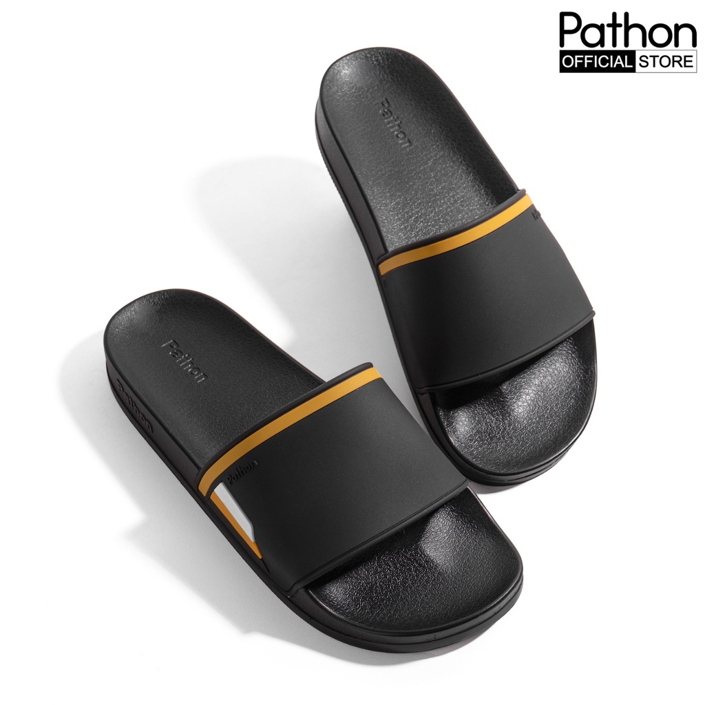 Dép nam nữ quai ngang slipper Pathon quai PVC và đế PU đen quai đen phối kẻ vàng trắng SD118