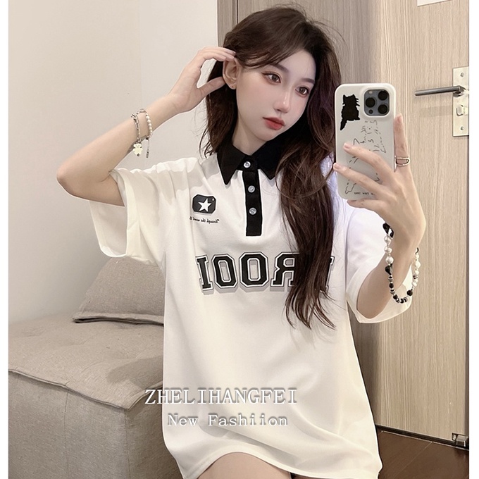 ZHELIHANGFEI Áo Thun POLO Tay Ngắn Dáng Rộng Quyến Rũ Dễ Phối Đồ Hợp Thời Trang