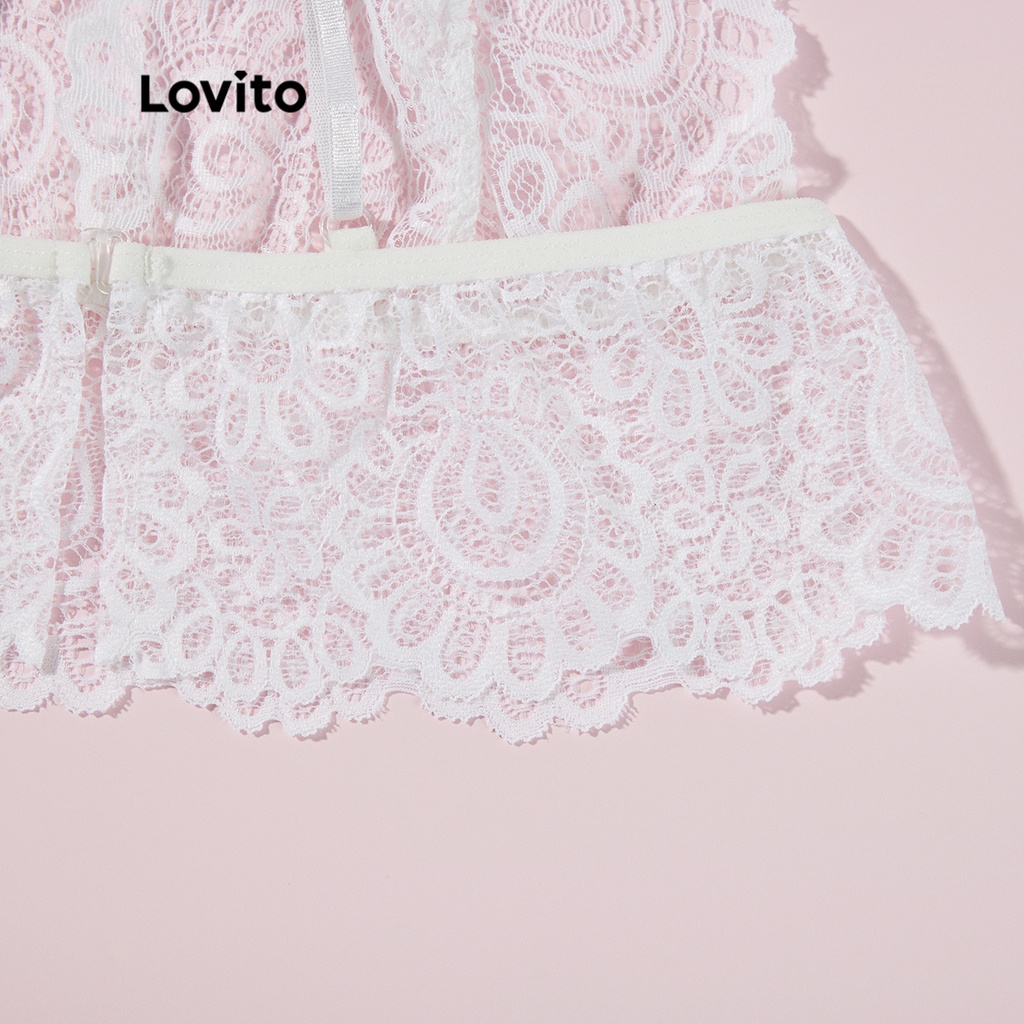 Lovito Sexy Ren và Lưới Tương phản Đồ lót cổ V sâu L004016 (Trắng) | BigBuy360 - bigbuy360.vn