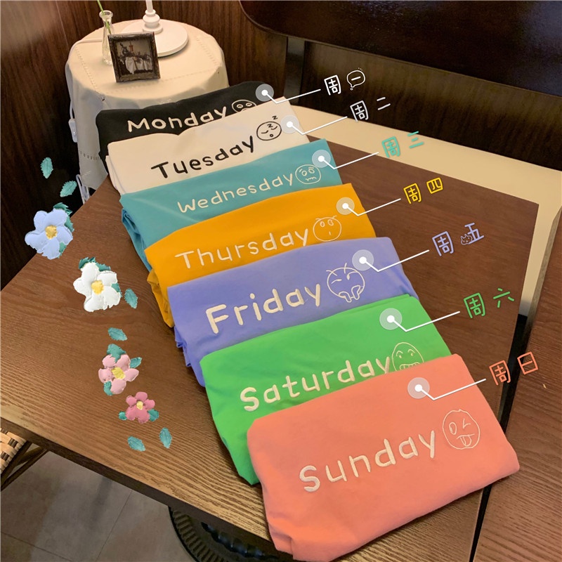 Áo Thun Nữ Ngắn Tay Cổ Tròn Thêu Chữ Phong Cách Hàn Quốc Mới