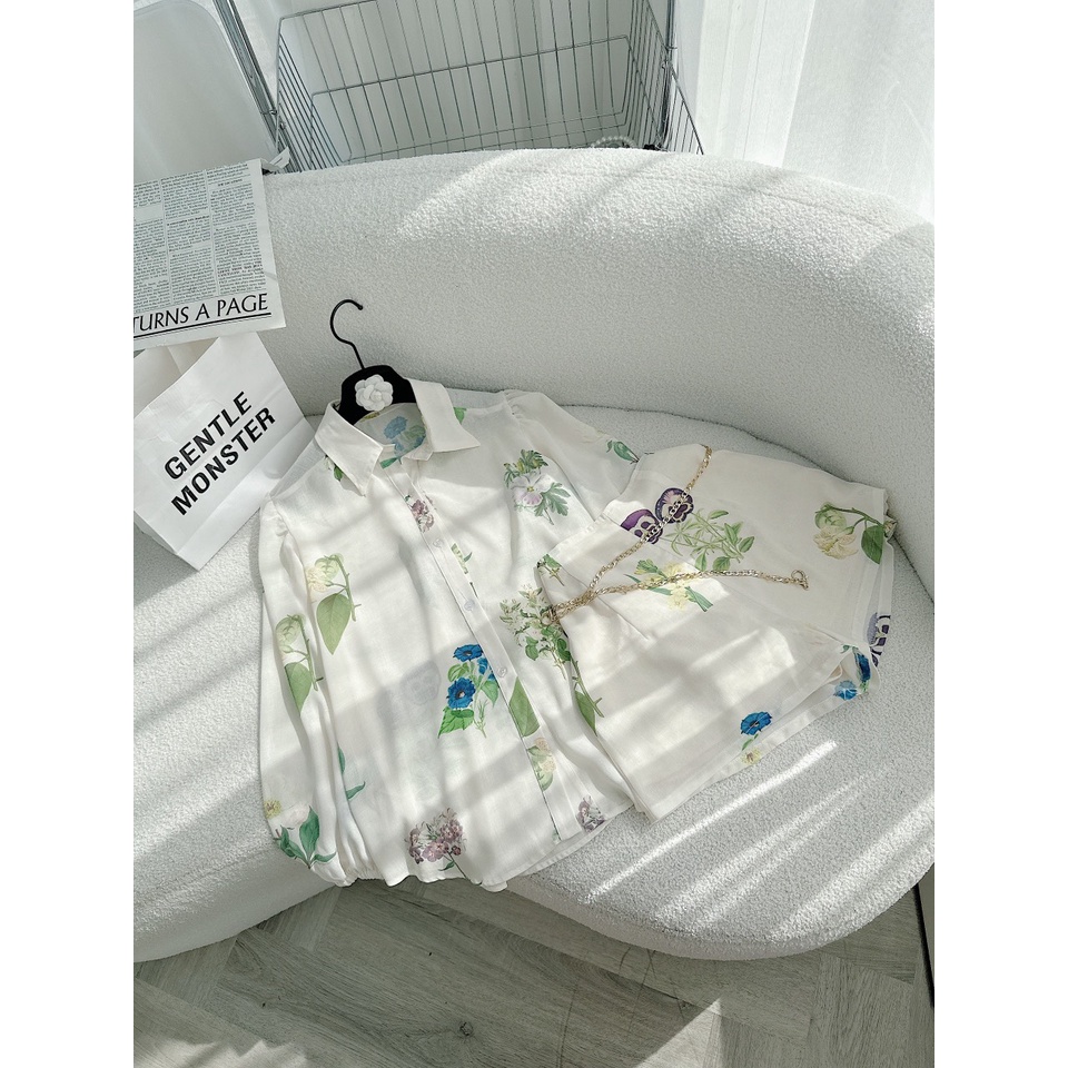 SET SƠ MI HOA TAY PHỒNH SHORT KÈM BELT XÍCH