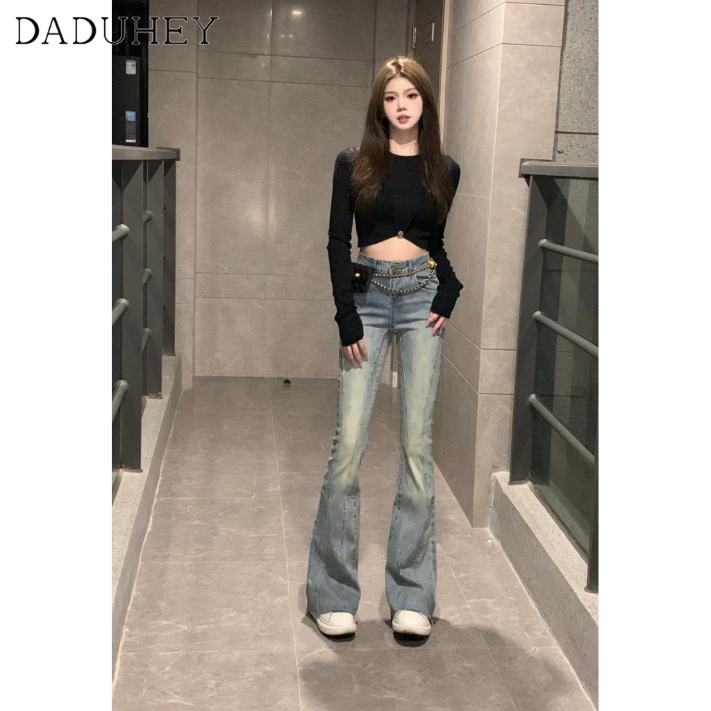 Quần jean DADUHEY lưng cao ôm dáng chà nhám phong cách retro Hàn Quốc 2023 mới