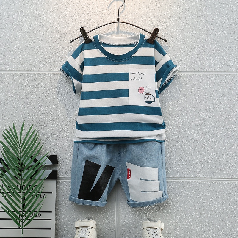 Bộ Áo Sơ Mi Cộc Tay Kẻ Sọc + Quần Jeans Cho Bé
