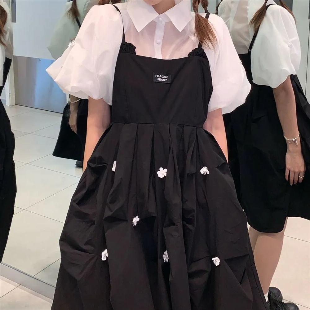 Set Áo Sơ Mi Tay Phồng Cổ Bẻ Phối Chân Váy Yếm Đính Kim Sa Thời Trang Mùa Hè Xinh Xắn Cho Nữ